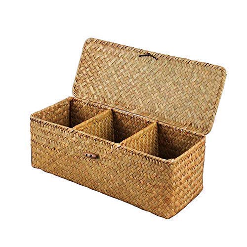 3 Grids Hand-Woven Water Hyacinth Baskets With Lid, Straw Storage Basket