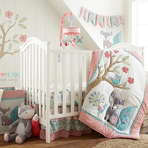 Levtex Baby – Fiona Crib Bed Set – Baby Nursery Set – Pink, Teal, White – Woodland Forest Theme – 5 Piece Set Includes Quilt, Fitted Sheet, Diaper Stacker, Wall Decal & Crib Skirt/Dust Ruffle