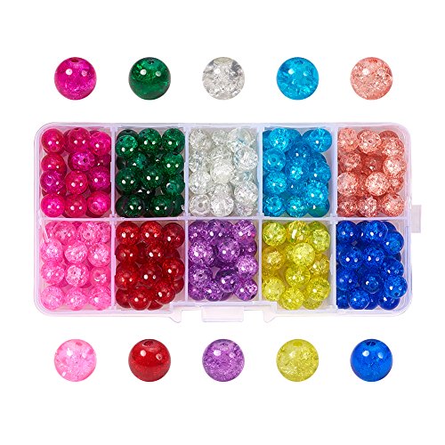 PH PandaHall 200pcs 8mm Crackle Lampwork Beads 10 Color Handcrafted Glass Round Beads Crystal Loose Beads for Summer Beading Friendship Bracelet Mother’s Day Jewelry Making Christmas Tree Ornament