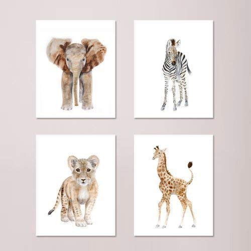 Set of 4 Safari Nursery Prints, Baby Animal Art, Baby Room Decor – Elephant, Giraffe, Lion and Zebra – 8.5×11