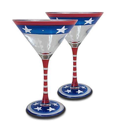 Golden Hill Studio Hand Painted Martini Glasses Set of 2 – Patriotic Collection – Hand Painted Glassware by USA Artists – Unique and Decorative Martini Glasses, July 4th Kitchen Table Décor