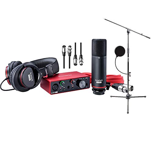 Focusrite Scarlett Solo Studio 3rd Gen USB Audio Interface and Recording Bundle with Boom Microphone Stand, Microphone Cables and Pop Filter (5 Items)