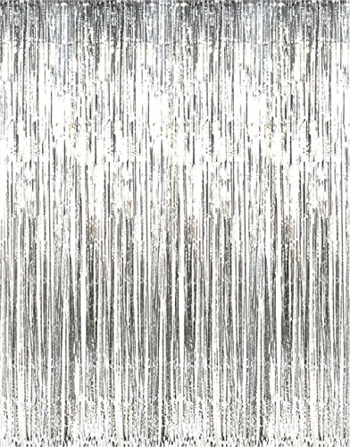 GOER 3.2 ft x 9.8 ft Metallic Tinsel Foil Fringe Curtains Party Photo Backdrop Party Streamers for Birthday,Graduation,New Year Eve Decorations Wedding Decor (Silver,1 Pack)