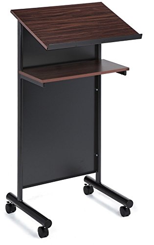 Wheeled Lectern with Storage Shelf – Cherry/Black – Compact Standing Desk for Reading – Laptop Stand