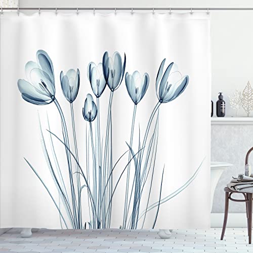 Ambesonne Flower Shower Curtain, X-ray Image of Tulips Solarized Effect Nature Inspired, Cloth Fabric Bathroom Decor Set with Hooks, 69″ W x 75″ L, Petrol Blue