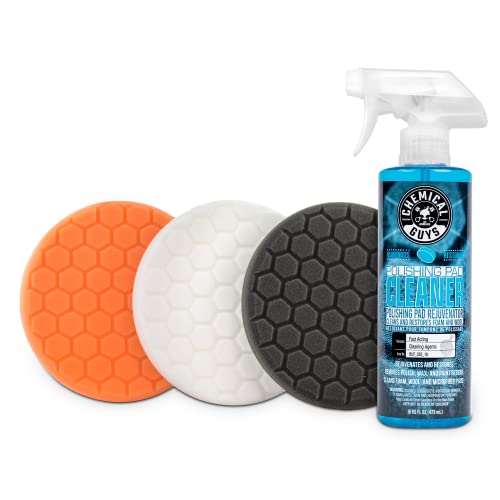 Chemical Guys HEX_3KIT_5 5.5″ Buffing Pad Sampler Kit, (1) 16 Fl oz Polishing Pad Cleaner + (3) 5.5″ Buffing Pads that Work with 5″ Backing Plates, (Set of 4)
