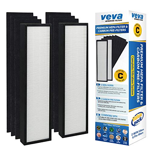 Veva 2 HEPA Air Filters & 6 Carbon Pre-Filters Replacement Filter C Compatible with Germguardian FLT5000/FLT5111 FLT5250PT, AC5000, AC5000E, AC5250PT, AC5350B, AC5350BCA, AC5350W, AC5300B