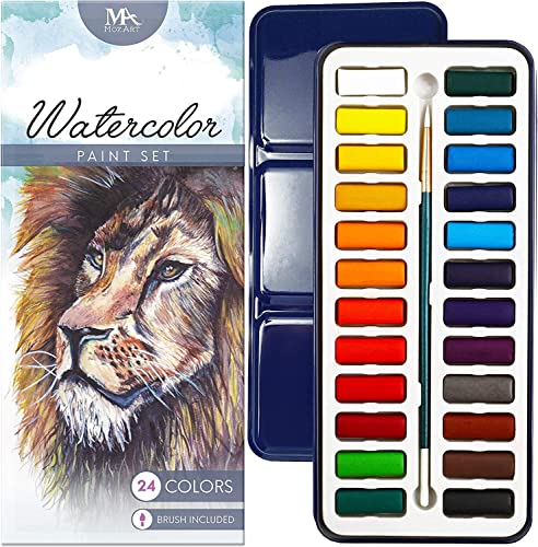 MozArt Supplies Watercolor Paint Essential Set – 24 Vibrant Colors – Lightweight and Portable – Perfect for Budding Hobbyists and Professional Artists – Paintbrush Included