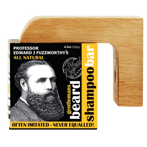 Professor Fuzzworthy’s Beard Shampoo Bar & Magnetic Soap Holder Men’s Grooming Gift Kit | 100% Natural Beard Wash – Eco Friendly Wooden Soap Dish Dispenser for Shower Bath Kitchen | Organic Essential Oil