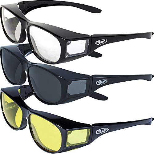 Global Vision Escort Safety Fit Over Glasses, Black Frame (3 Pack – 1 Clear Lens, 1 Smoke Lens, 1 Yellow Lens)