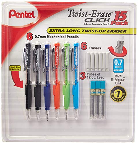 Pentel Twist-Erase Click Mechanical Pencil Set – 6 Mechanical Pencils, 6 Extra Erasers, 3 Tubes of Lead Refills