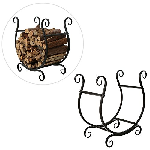 MyGift Black Metal Firewood Rack, Freestanding Fireplace Log Storage Holder with Scrollwork Design