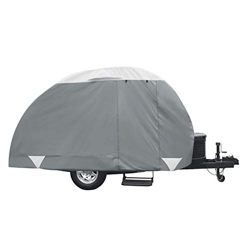Classic Accessories Over Drive PolyPRO3 Deluxe Teardrop Trailer Cover, Fits 8′ – 10′ Trailers, Tear-Resistant, Travel Trailer Storage Cover, Compatible with R-Pod/Clamshell Trailers, Grey/White
