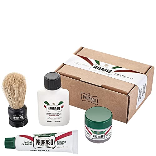 Proraso Travel Sized Shaving Kit for Men | Pre-Shave Cream, Shaving Cream, After Shave Balm & Boar-Bristle Brush for All Skin Types