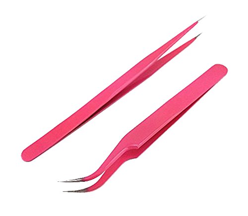 yueton 2pcs Pink Color Coated Stainless Steel Straight and Curved Head Tweezers for Eyelash Extension