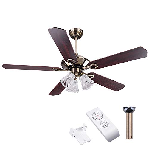 Yescom 52″ 5 Blades Ceiling Fan with Light Kit Frosted Glass Downrod Antique Bronze Reversible Remote Control