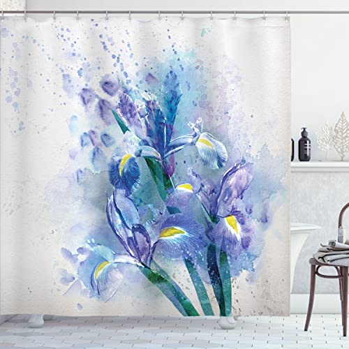 Ambesonne Watercolor Flower Shower Curtain, Floral Background Irises in Fresh Colors Nature Earth, Cloth Fabric Bathroom Decor Set with Hooks, 69″ W x 70″ L, Lilac Teal Ecru