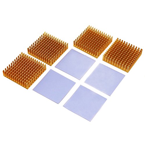 BNTECHGO 4 Pcs 40mm x 40mm x 11mm Golden Aluminum Heatsink Cooling Fin + 4 Pcs 40mm x 40mm x 0.5mm Silicone Based Thermal Pad
