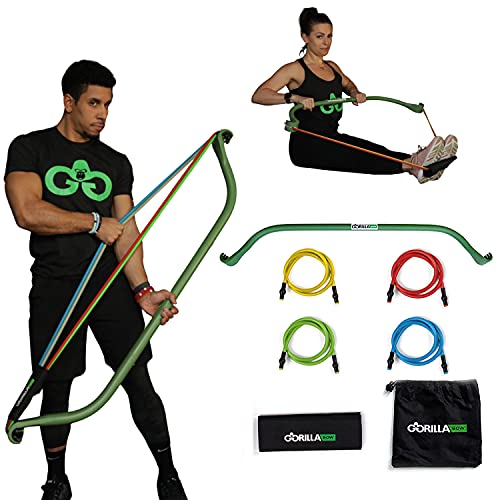 Gorilla Bow Original Portable Home Gym Resistance Bands and Bar System for Travel, Fitness, Weightlifting and Exercise Kit, Full Body Workout Equipment Set (Original Bow, Green, Base Bundle)