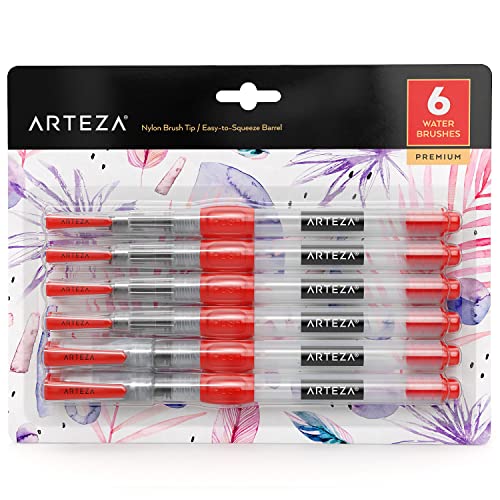 Arteza Water Brush Pens, Set of 6, with Assorted Soft Nylon Bristle Tip Sizes, Self-Moistening Water Color Paint Pens for Aquarelle, Ink, and Watercolor Painting
