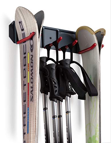 Wall Mounted Rack Organizer for Skis and Poles Heavy Duty Horizontal Wall Ski Rack Garage Storage with Metal Frame and Padded Hooks Indoors Outdoors Premium Wall Hooks (Medium Holds 2 Set of Ski’s)