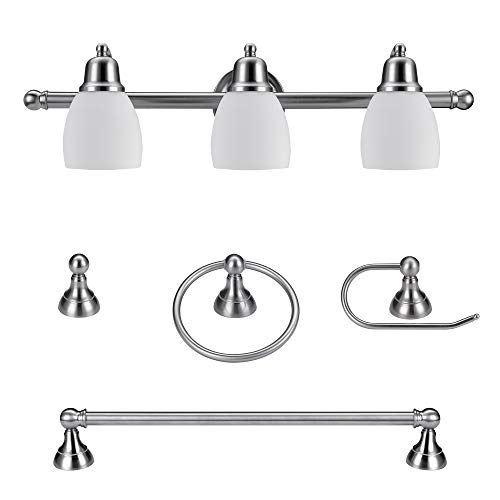 Globe Electric 51229 5-Piece All-in-One Bathroom Accessory Set, with Vanity, Satin Nickel, 3-Light Vanity Light, White Opal Glass Shades, Towel Bar, Toilet Paper Holder, Towel Ring, Robe Hook