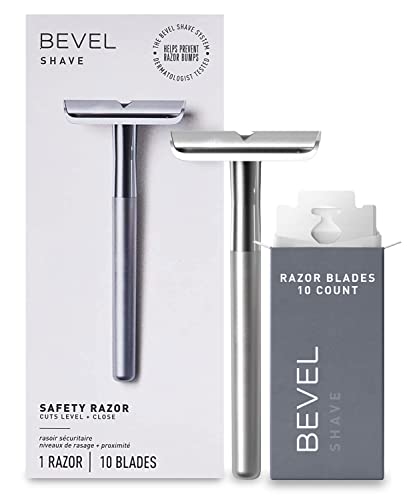 Bevel Safety Razor with Brass Weighted Handle and 10 Double Edge Safety Razor Blade Refills, Single Blade Razor for Men, Designed for Coarse Hair to Prevent Razor Bumps – Silver (Packaging May Vary)