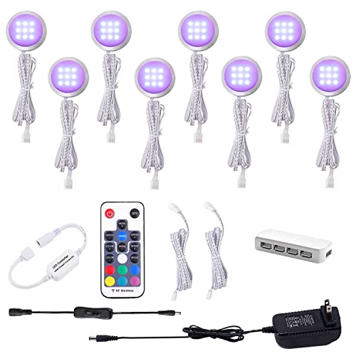 AIBOO RGB Color Changing LED Under Cabinet Lights Kit 8 Packs of Aluminum Slim Puck Lights for Xmas Decorating Kitchen Counter Shelf Furniture Ambiance Lighting