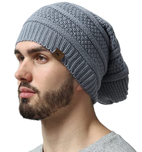 Slouchy Winter Beanie Knit Hat for Men & Women – Oversized Long Slouch Beanie Cap – Warm & Soft Cold Weather Toboggan Caps Light Gray