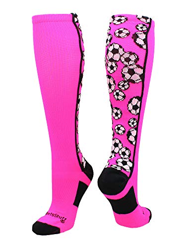 MadSportsStuff Crazy Soccer Socks with Soccer Balls over the calf (Neon Pink/Black, Small)