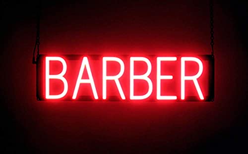 SpellBrite BARBER Neon-LED Sign for Barber Shops. 23.8″ x 6.3″ Ultra Bright, Energy Efficient, Long-Life LED. Visible Indoors from 500+ Feet with 8 Animation Settings (Red)