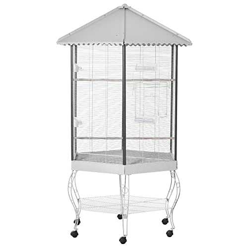 PawHut 44″ Hexagon Covered Canopy Portable Aviary Flight Bird Cage With Storage