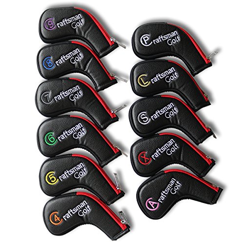 Craftsman Golf 11pcs /Set (4,5,6,7,8,9,A,S,P,L,X) Synthetic Leather Black with Red Edge Iron Head Cover Headcover Set for Callaway Ping Etc. with Zipper