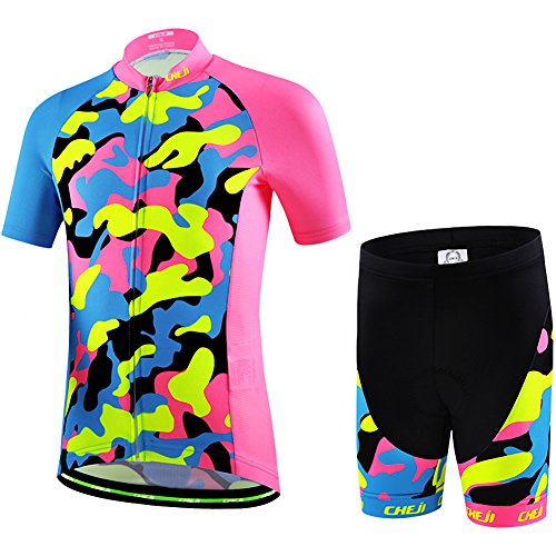 Ateid Big Girls Cycling Jersey Set Short Sleeve with 3D Padded Shorts 6-7 Years (Manufacturer Size: L) Camouflage Pink