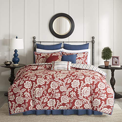 Madison Park Lucy 100% Cotton Reversible Duvet Set Beautiful Floral Pattern, Ruffle Border Design All Season, Breathable Comforter Cover Bedding, Matching Shams, Cal King(104″x92″), Red 9 Piece