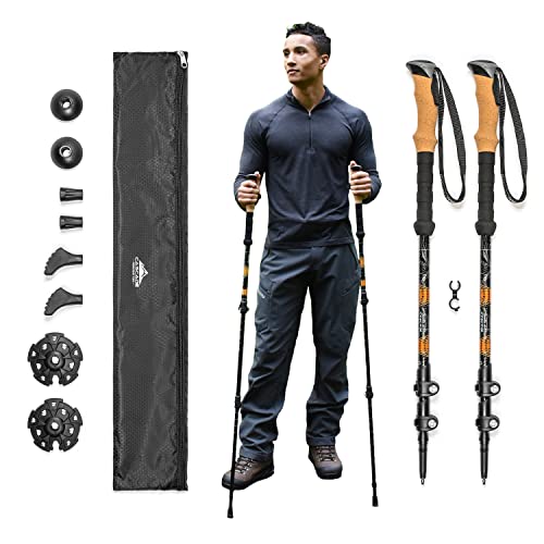 Cascade Mountain Tech Trekking Poles – Aluminum Hiking Walking Sticks with Adjustable Locks Expandable to 54″ (Set of 2), Cork Grip, Orange