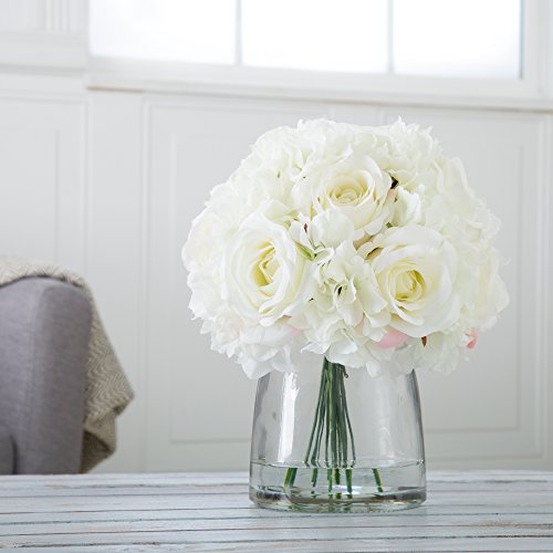 Pure Garden Hydrangea and Rose Floral Arrangement with Vase – Cream