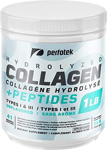 Perfotek Collagen Powder for Women Men Types I & III Unflavored Easy to Mix Hydrolyzed Protein Peptides Non-GMO Grass-Fed Gluten-Free Kosher Pareve Healthy Hair Skin Joints and Nails (1Lb)