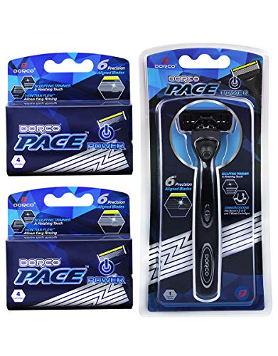 Dorco Pace 6 Plus Power – Six Blade Power Razor System with Trimmer (9 Cartridges + 1 Handle)