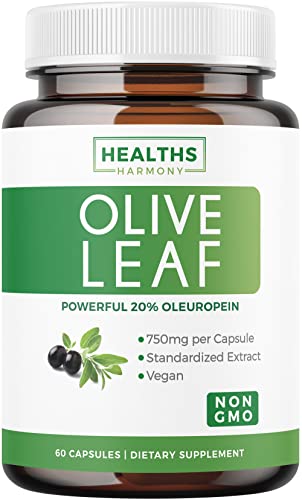 Olive Leaf Extract (Non-GMO) Super Strength: 20% Oleuropein – 750mg – Vegetarian – Immune Support Supplement, Skin Health, and Powerful Antioxidants Supplement – No Oil or Liquid – 60 Capsules