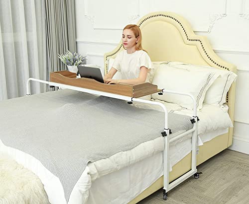 UNICOO – Overbed Table with Wheels for Full/Queen/King Beds Height&Width Adjustable Rolling Bed Desk Rolling Medical Table (Ancient Oak – 202)