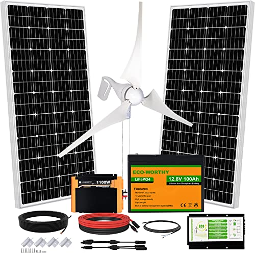 ECO-WORTHY 800W Solar Wind Power Kit: 1x 400W Wind Turbine + 2x195W Solar Panel + 1x12V 100Ah Lithium Battery + 1x12V 1100W Inverter for Home/RV/Boat/Farm/Street Light and Off-Grid Appliances