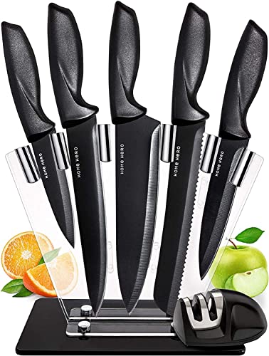 Home Hero Kitchen Knife Set, Steak Knife Set & Kitchen Utility Knives – Ultra-Sharp High Carbon Stainless Steel Knives with Ergonomic Handles (7 Pc Set, Black)