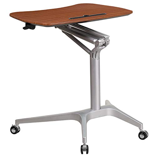 Flash Furniture Mobile Sit-Down, Stand-Up Mahogany Computer Ergonomic Desk with 28.25”W Top (Adjustable Range 29” – 41”)