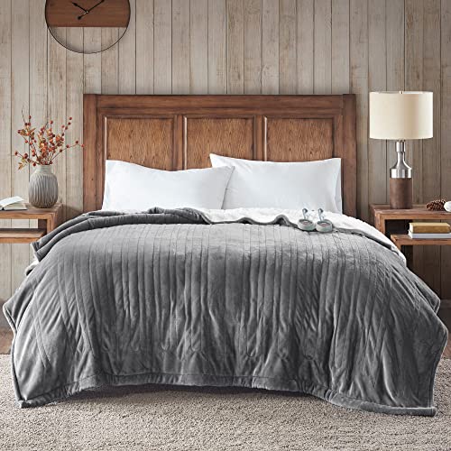 Woolrich Heated Plush to Berber Electric Blanket Throw Ultra Soft Knitted , Super Warm and Snuggly Cozy with Auto Shut Off and Multi Heat Level Setting Controllers, Twin: 62×84″, Grey