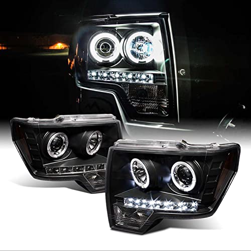 AKKON – For Ford F150 F-150 Pickup Black Bezel Dual Halo LED Projector Headlights Front Lamps