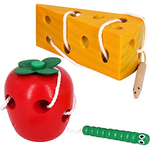 Early Development Toys Wooden Lacing Toys, Montessori Activity Caterpillars Eat Apple and Kids Cheese Toys, Children Learning Educational Wood Block Puzzles Toy for Toddlers Boys Girls