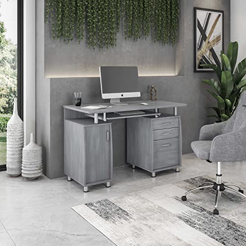 Techni Mobili Complete Workstation Table with Multiple Storage, Computer Desk with MDF Panels and PVC Laminate Veneer Surface, Grey