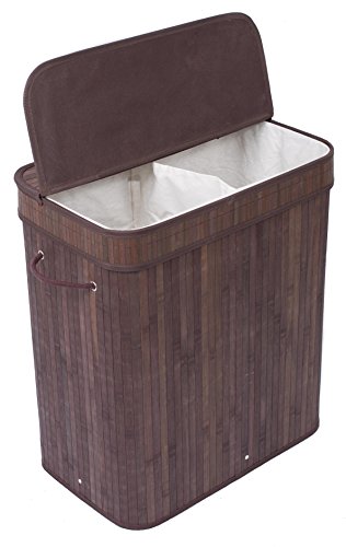 BIRDROCK HOME Double Laundry Hamper with Lid and Cloth Liner – Bamboo – Espresso – Easily Transport Laundry Basket – 2 Section Collapsible Hamper – String Handles