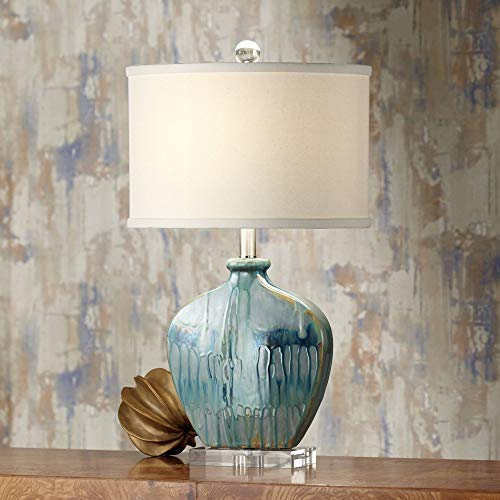 Possini Euro Design Mia Modern Coastal Table Lamp 25″ High Blue Glazed Drip Ceramic Off White Fabric Oval Drum Shade Decor for Bedroom Living Room House Home Bedside Nightstand Office Family